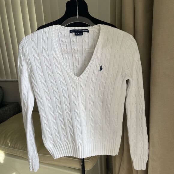 RALPH LAUREN SPORT WOMEN CABLE KNIT SWEATER V NECK COTTON White M - Picture 1 of 10